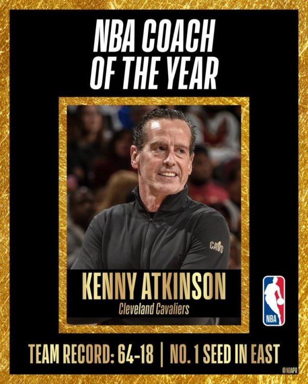 垒富优配 官方：骑士主帅肯尼-阿特金森当选本赛季NBA常规赛最佳主帅